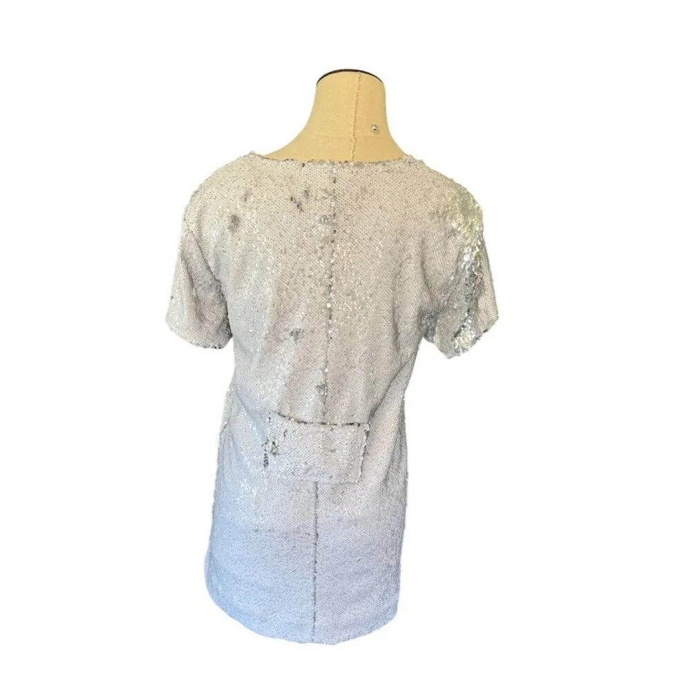Cavanagh Baker Silver Sequin Short Sleeve V-Neck Mini Dress S - Picture 3 of 14